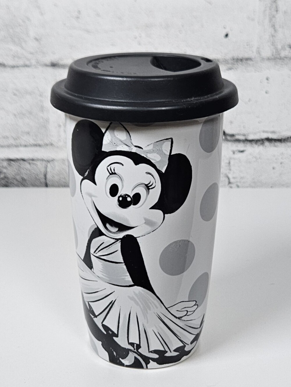 Disney Minnie Mouse Ceramic Travel Mug Black White Polka Dot Lidded Cup